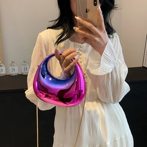 Chic purple and blue gradient metallic handbag with golden chain strap in mirror selfie