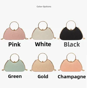 Collage showing evening bags in six colors with gold metal handles and chain straps