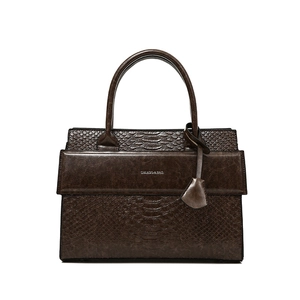 Deep brown faux snakeskin shoulder bag with top handles and silver metal logo on front