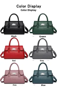Six colors of crocodile embossed tote bags showing black, green, red, grey, pink and blue