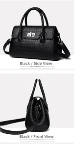 Detail of black faux crocodile texture handbag with woven handle and silver twist lock