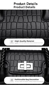 Detail of crocodile-embossed black handbag with silver twist lock and braided handle