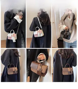 Detailed views of woman wearing a chic color-block crossbody bag in multiple angles