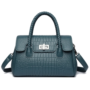 Women Crocodile Embossed PU Leather Handbag Woven Handle Metal Turn Lock Shoulder Crossbody Bag Elegant Retro Style
