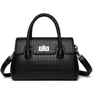 Women Crocodile Pattern PU Leather Handbag Woven Handle Metal Twist Lock Crossbody Shoulder Bag For Daily Commute