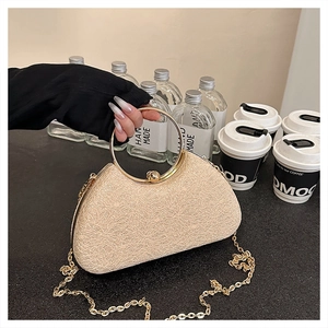 Champagne gold lace texture party clutch bag with metallic ring handle and chain strap