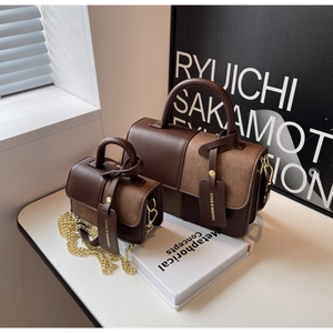 Contrast leather handbag set in brown and tan with gold chain and top handle
