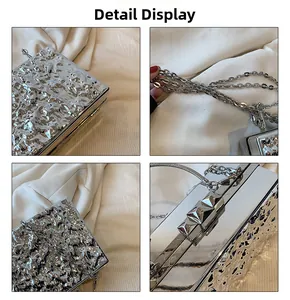Detailed view of silver acrylic evening bag with liquid metal texture and chain strap