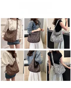 Collage of model wearing leopard print canvas tote bag in various carrying styles