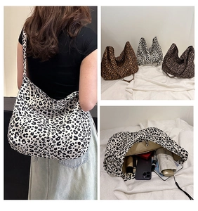 Three-view layout of leopard print canvas tote showing interior capacity and colors