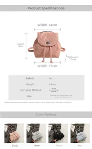 Detailed size guide and four-color display of quilted PU mini backpack for women