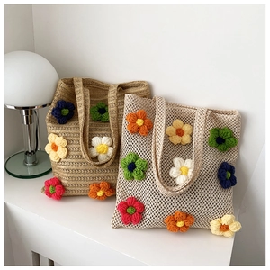 Woven Tote Handbag For Women With Colorful Crochet Flowers Bohemian Pastoral Style Summer Vacation Shoulder Bag