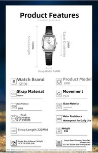 Spécifications détaillées de la montre quartz tonneau pour femme avec bracelet cuir et dimensions
