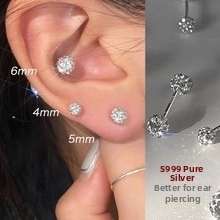 Detail of 4mm 5mm 6mm S999 sterling silver stud earrings with classic 4-claw setting