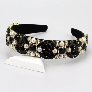 Baroque wide headband with black crystals, white pearls and gold metal claw setting