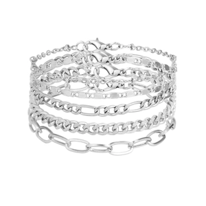 Set of 6 silver metal link chains including Cuban and Figaro styles for layered wrist styling