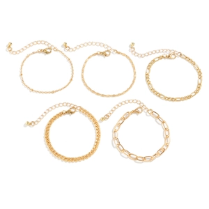 5-piece gold chain bracelet set with Cuban, Figaro and link styles for women