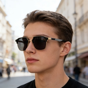 Outdoor close-up of men's black and gold aviator sunglasses with checkered temples