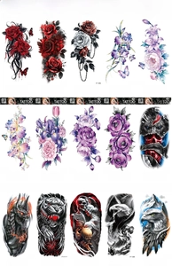 Details of waterproof 3D temporary tattoo set with wolf, rose and eagle designs