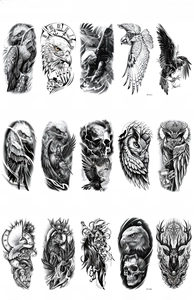 Collection of black and gray temporary tattoo designs featuring eagle and wolf motifs
