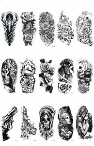 Macro view showing 15 styles of 3D waterproof tattoo stickers with roses and skulls