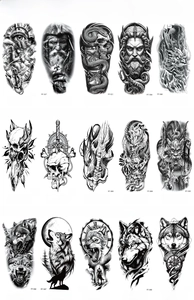 Macro detail of waterproof wolf totem and Greek myth tattoos on high-quality paper stickers