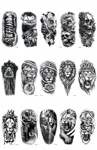 Detailed collection of 15 realistic temporary tattoos featuring lion, skull and warrior designs