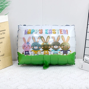 Detail of Happy Easter aluminum foil balloon featuring five colorful cartoon bunnies design