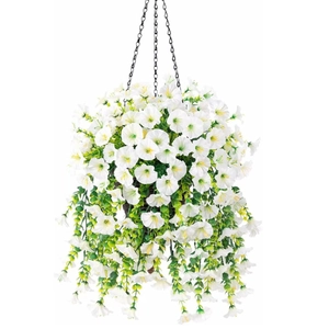Artificial white morning glory hanging basket with green leaves and black metal chains