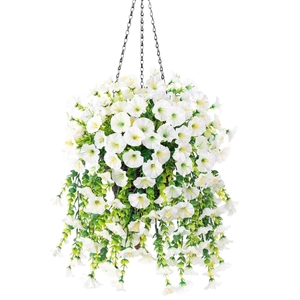 Artificial white morning glory hanging basket with green leaves and metal chains