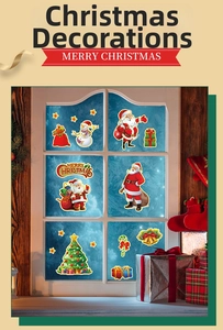 Christmas cartoon window stickers showing Santa, snowman and tree on frosty glass