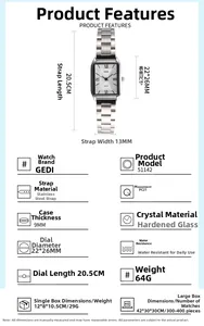 Detailed specifications of silver square stainless steel watch with size measurements