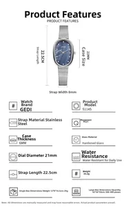 Détail d'élégante montre ovale en nacre bleue avec bracelet en acier et spécifications