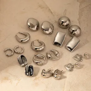 Minimalist Stainless Steel Geometric Hoop Earrings For Women French Style High Polished Silver Hollow Waterdrop Stud Earrings