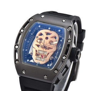 Tonneau skull watch for men with matte grey case and rose gold skeleton dial