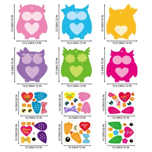 Detail view of 6 DIY cartoon owl cards and decorative heart stickers for Valentine's Day