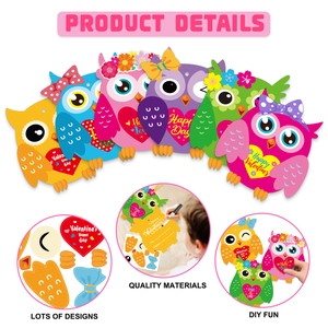 Detail view showing colorful DIY owl Valentine cards with vibrant heart patterns