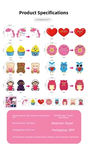 Detail view of 8 cartoon DIY cards with dimensions including unicorn and owl designs