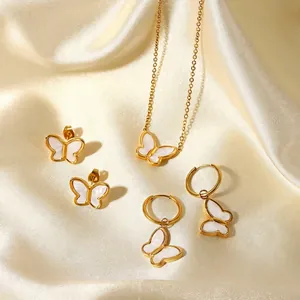 18K Gold Plated Stainless Steel Butterfly White Shell Pendant Necklace Minimalist Butterfly Stud Earrings For Women Jewelry