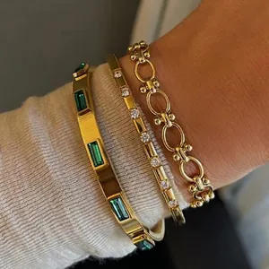 Fashion Stainless Steel Rhinestone Bangle For Women Gold Plated Geometric Bangle Vintage INS Style Summer Jewelry Accessory Gift