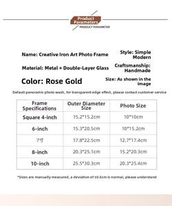 Tableau des tailles pour cadres photo géométriques en métal rose doré avec détails