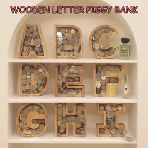 Hucha de madera con forma de letras y panel acrílico para decoración de dormitorios