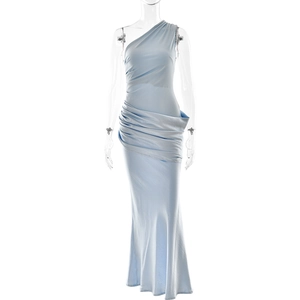 Detail of light blue satin dress featuring side ruched pleats and a mermaid silhouette
