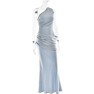 Detail of elegant light blue satin dress featuring asymmetrical ruching and draped waist