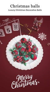 Close-up of 5cm plaid Christmas balls with pine needles and pinecones in a tray