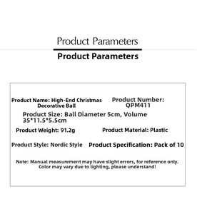 Detailed specifications of 5cm Nordic Christmas balls set in plastic with dimensions