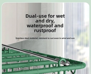 Close-up detail of a stainless steel drying rack with green clips and water droplets