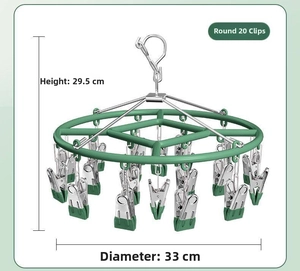 Circular stainless steel sock drying rack with 20 clips showing exact dimensions