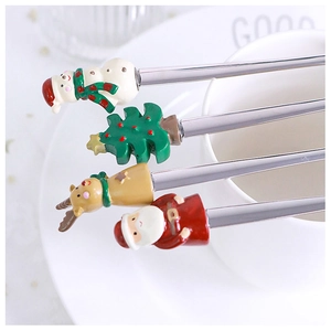 Detailed close-up of 304 stainless steel Christmas spoons with cartoon toppers on a white cup