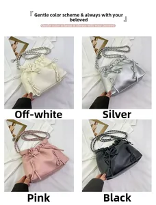 Eleganti borse a secchiello arricciate con catena in bianco sporco, argento, rosa e nero